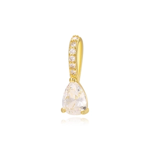 Macro detail of 18k gold plated pear-shaped cubic zirconia pendant with pavé bail