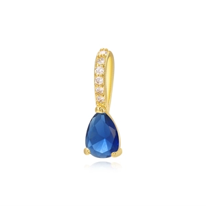 Detail of 18k gold plated teardrop pendant with micro-pave crystals and blue zircon stone