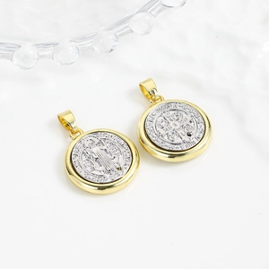 Vintage 18K Gold Plated Copper Round Madonna Medal Pendant Only Two Tone St Benedict Coin Accessory For Women Jewelry