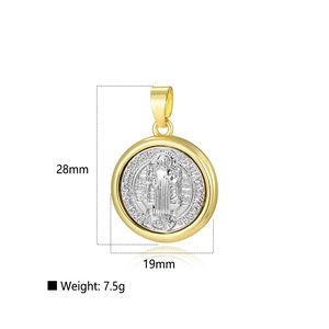 Retro 18K two-tone round religious Saint Benedict pendant, 28mm height and 19mm width