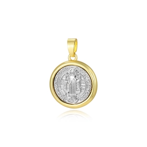 Retro 18K two-tone round religious medallion pendant featuring Saint Benedict relief