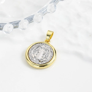 Religious Saint Benedict medal pendant in two-tone gold and silver finish for necklaces