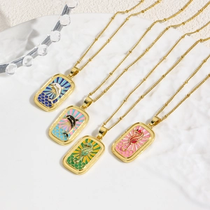 Copper 18K Gold Plated Enamel Tarot Card Seahorse Dolphin Pendant Necklace Retro Ocean Style Jewelry Gift For Women