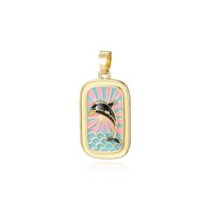 Detailed macro view of an ocean dolphin enamel pendant with golden rectangular frame