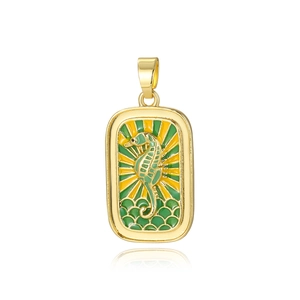 Elegant gold seahorse tarot pendant with colorful enamel and green wave patterns