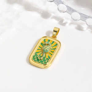 Detailed macro view of an elegant sea horse tarot pendant with green enamel and gold finish