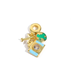 Travel charms set with airplane camera and earth globe in gold and blue enamel