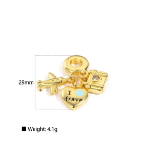 Detailed view of travel charms including golden airplane and heart pendant showing 29mm height