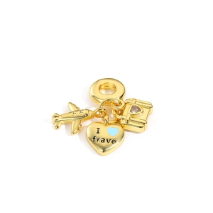 Travel charms set featuring gold-plated airplane, suitcase, and heart globe for jewelry