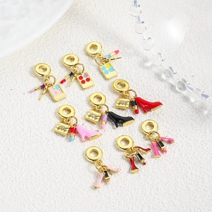 Copper 18K Gold Plated DIY Jewelry Charms Fashion High Heel Lipstick Handbag Makeup Brush Enamel Pendant For Bracelet Making