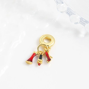 Three-piece copper bead charm set with red enamel lipstick, high heel, and dress for DIY jewelry