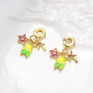 Golden travel charms set with pink flower, lettered bag and palm tree for DIY jewelry