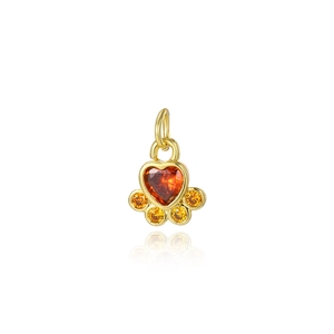 Gold-plated paw pendant with heart-shaped orange gem and yellow zircon micro-inlay