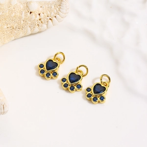 Golden paw-shaped pendants with blue heart zircon stones for DIY necklace jewelry