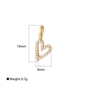 Macro detail of 18k gold plated heart pendant with zircon inlay and size dimensions