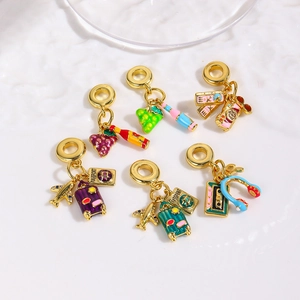 Copper Enamel Drip Oil Charms Pendants For DIY Jewelry Making Gold Plated Music Travel Theme Rhinestone Charms Accessories For Women