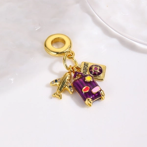 Detailed charm set featuring golden airplane, purple suitcase, and passport travel pendant