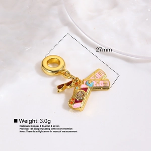 Travel-themed pendant charm set with camera and passport in 18K gold-plated brass