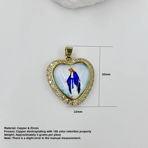 18k gold plated copper heart pendant with Virgin Mary portrait and white zircon inlay