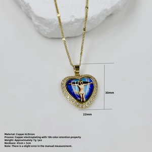 Detail of 18k gold plated copper heart pendant with colorful religious Virgin Mary image