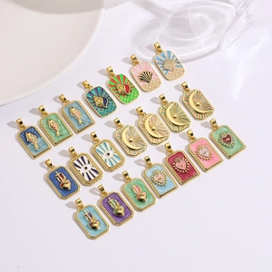 Boheems Tarot Rechthoek Emaille Hanger Halsketting Koper 18K Verguld Boze Oog Heilig Hart Schelp Sieraden voor Dames