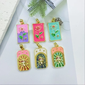 Retro Copper Enamel Rose Mushroom Tarot Square Pendant Necklace For Women Gold Plated Drip Oil Floral Star Jewelry Accessory