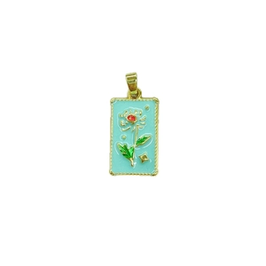 Square tarot pendant with blue enamel rose floral design and gold beaded edges