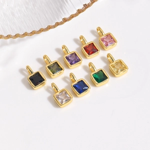 Geometric Square Cubic Zirconia Pendant 18K Gold Plated Copper Colorful Zircon Small Pendant Only DIY Jewelry Accessory