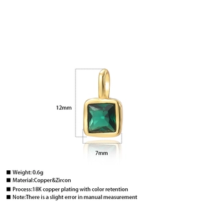 Square green zircon pendant in 18k gold plated copper measuring 12mm by 7mm
