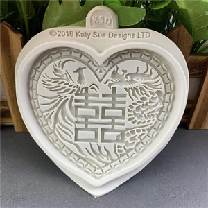 Silicone fondant mold with traditional Chinese Dragon Phoenix and Double Happiness motif
