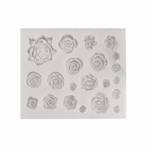 White silicone mold featuring 20 various sized 3D rose flower shapes for cake decorating