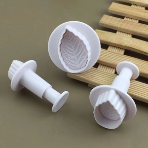 Set of 3 white plastic rose leaf plunger cutters for fondant cake decorating and baking