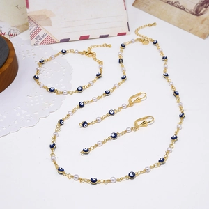 Boheems Boze Oog Kunstparel Sieraden Set Voor Vrouwen Verguld Koper Ketting Armband Oorbellen Turkse Stijl Sieraden