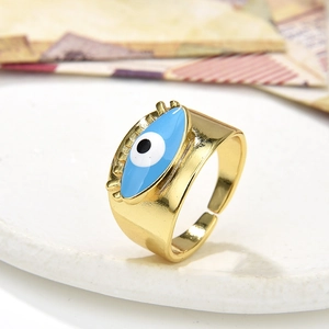 Retro Hip-Hop verstellbarer goldener Dämonenauge Ring mit blauen Emaille Details