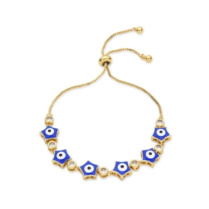 Gold-plated star evil eye bracelet with blue charms and cubic zirconia pull chain