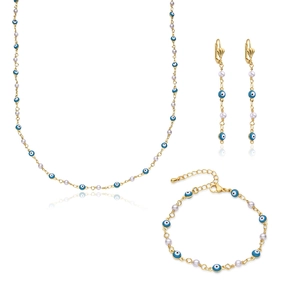 Boheems goudkleurig sieradenset met blauwe oogjes en witte parels voor dames