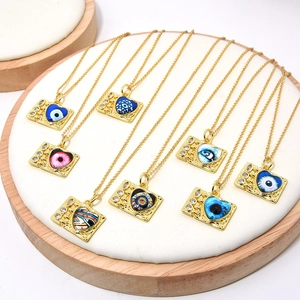 Vintage Goud Koper Boze Oog Hart Hanger Ketting Unisex Ingelegde Zirconia Geometrische Rechthoek Ketting Retro Artistiek Sieraden Cadeau