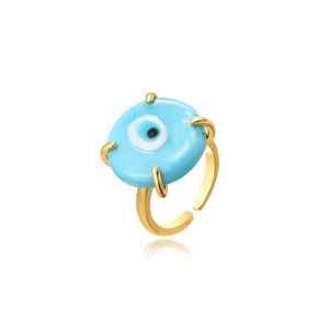Adjustable golden open ring with round blue glass evil eye charm and four-prong setting