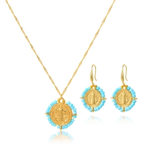 Conjunto de joyas de cuentas de cerámica con monedas azules, collar y pendientes