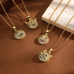 Hip Hop Copper Zirconia Cartoon Emoji Pendant Necklace Full Rhinestone Smiley Devil Face Gold Plated Jewelry For Men Women