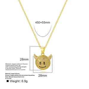 Detailed view of devil smiley face pendant necklace showing size dimensions and materials
