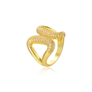Detail of 18k gold plated wavy open ring with pavé-set cubic zirconia stones