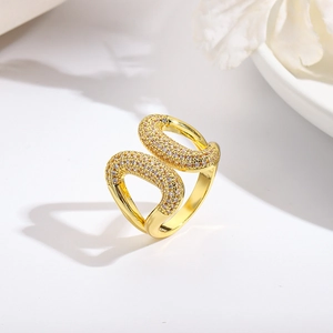 Irregular 18k gold plated open heart ring with sparkling paved zircon stones