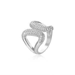Detailed view of silver open ring with irregular lines and micro-pave crystal settings