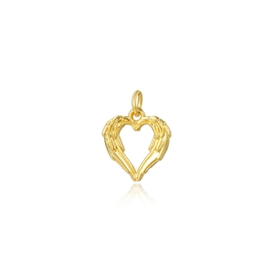 Macro shot of 18k gold-plated heart-shaped wing pendant with detailed feather texture
