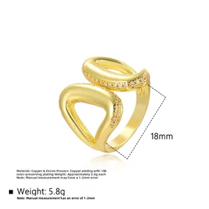 Detail view of 18k gold plated copper ring with zircon stones showing 18mm diameter