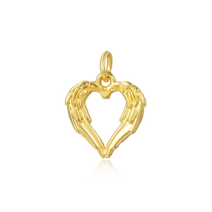 Polished 18k gold heart pendant with angel wings design and hanging loop accessory