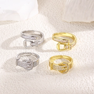 Luxury Copper Zirconia Belt Buckle Ring Adjustable Open Finger Ring Gold Silver 18K Plated Fashion Jewelry For Women Men