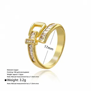 Detailed close-up of 18k gold plated belt buckle ring with sparkling zircon stones
