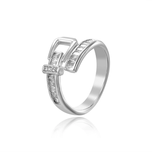 Detailed close-up of belt buckle style ring with shimmering rectangular cubic zirconia